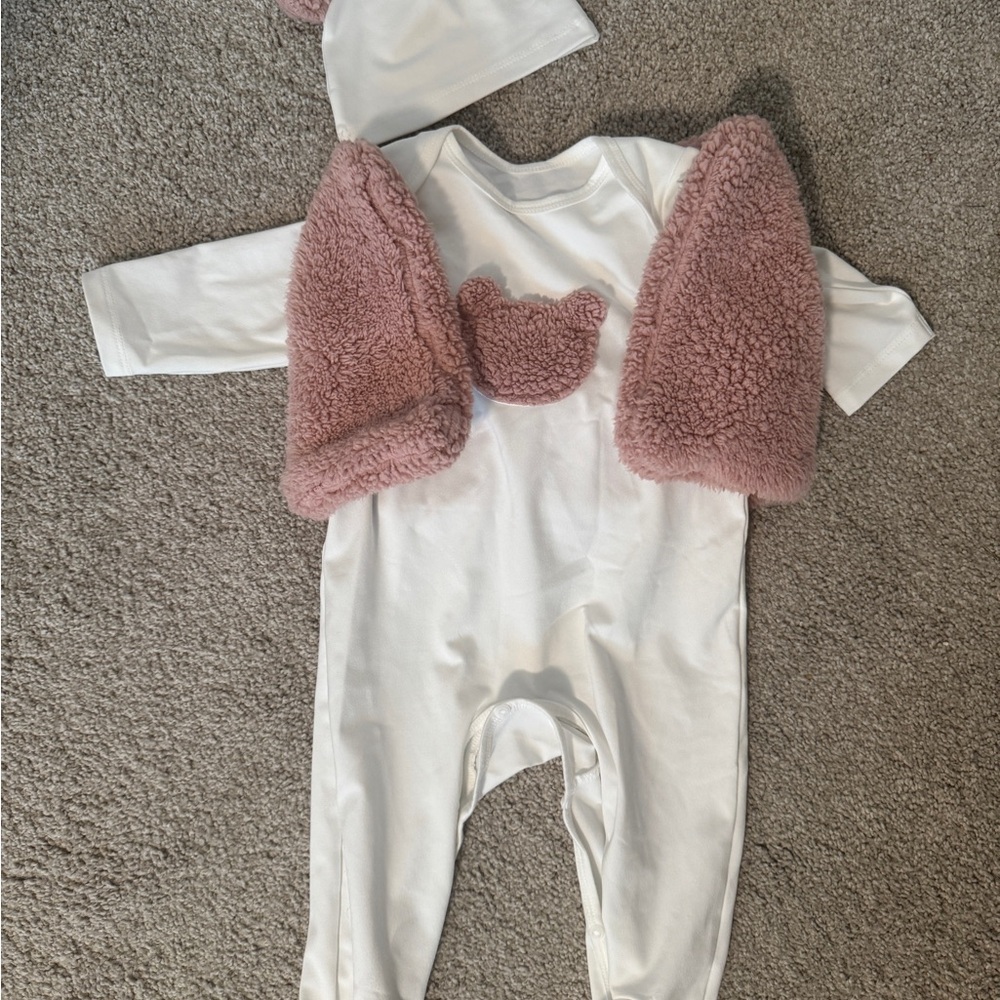 Cozy Pink and White Baby Three Piece Outfit